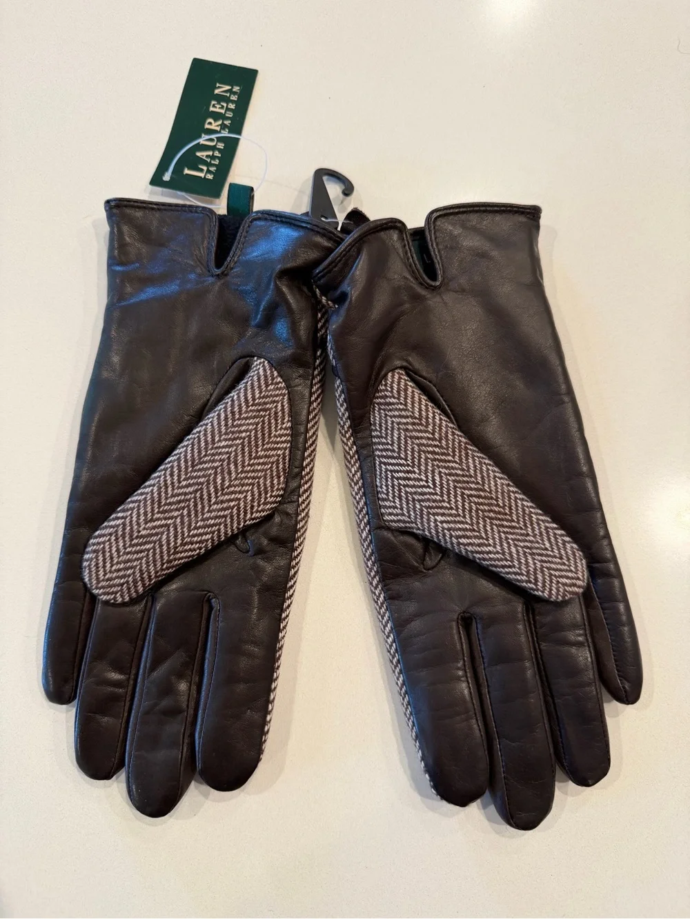 Lauren Ralph Lauren Herringbone Wool Gloves with Black Leather‎ Trim